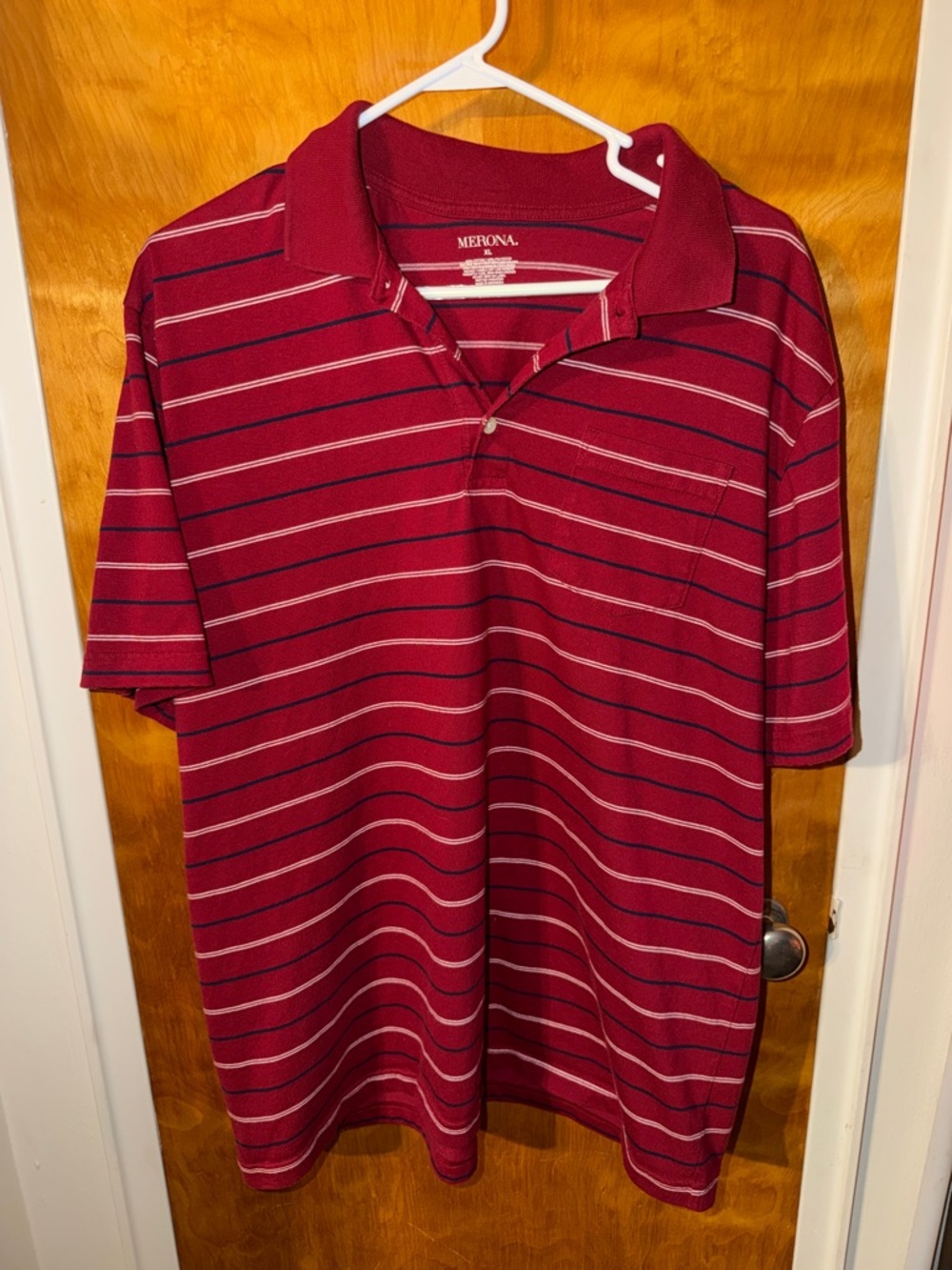 Merona Men's Red Polo with Navy & White Stripes